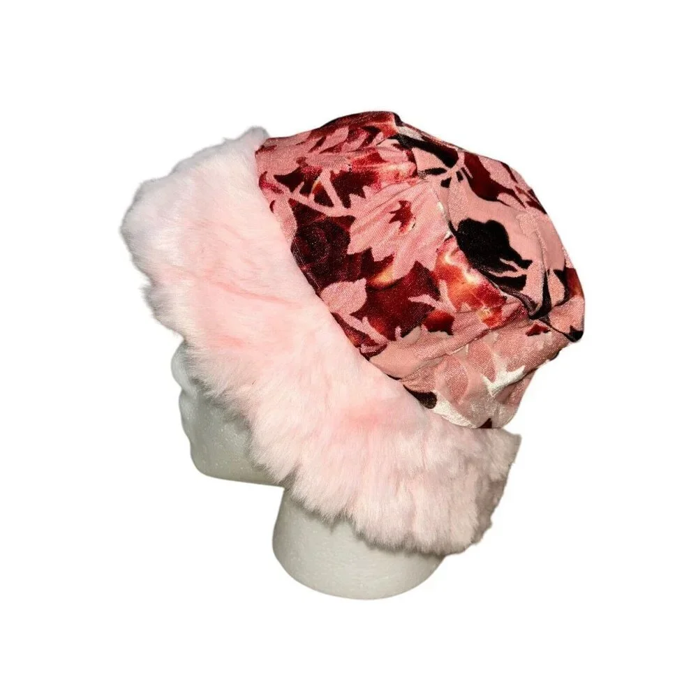 Bebemonde Girl's L Large Bucket Hat Velvet Faux Fur Trim Floral Print NWT